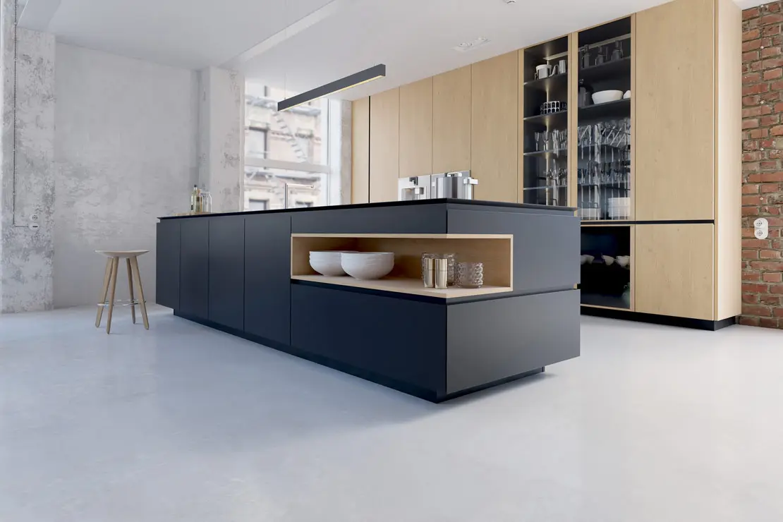 Sol en béton ciré dans une cuisine moderne et luxueuse. Sol en béton ciré dans une cuisine moderne et luxueuse.